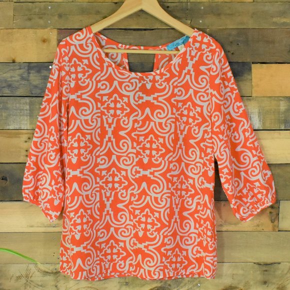 buttons Tops - Buttons Geometric Print 3/4 Sleeve Dress Shirt